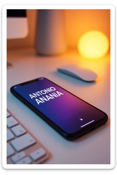 A photo of an iPhone on the desk with the message "Antonio Anania" on its screen, The phone sits atop a desk with a blurred background that suggests work environment. A faint glow from above casts gentle shadows across the surface of each object, creating depth and highlighting their textures sticker