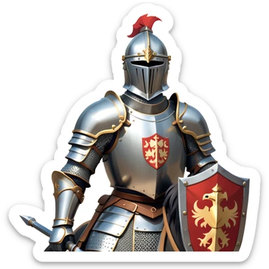 clash-of-clans-aesthetic_-cinematic-fearsome-and-majestic-knight-bust-portrait-emoji, rendered in a flat, vector-style with minimal shading and bold, simplified shapes, depicting a battle-ready medieval knight with steely eyes and intricate armor, mounted on a heavily armored warhorse with gleaming plated barding reflecting sunlight over a misty battlefield. sticker