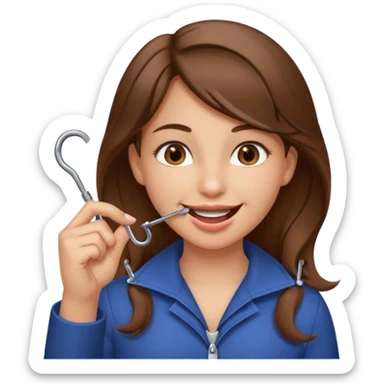 Emoji Fille cheveux long et brun yeux brun et que elle mette un doigt dans sa bouche qui forme un crochet et que elle fait un sourire  sticker