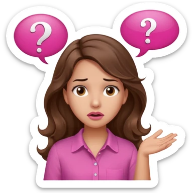 girl with long wavy brown hair, brown eyes, light to medium complexion, in a pink shirt, pink lips, long lashes, confused, question mark one speech bubble sticker