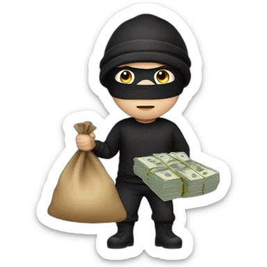 Thief wearing a white and black shirt with an eye mask and a black beanie holding a sack of money  sticker