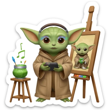 Baby Yoda in his brown robe listening music on his headphones, painting a picture on an easel and surrounded by paint pots. sticker