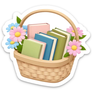 Pastel pink pastel yellow pastel blue and matcha colored books in a beige basket with flowers sticker