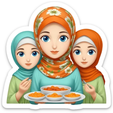 Three sister Turkish girls beautiful finish Konya blue eyes with orange floral hijab and light green dress and make turkish Breakfast sticker