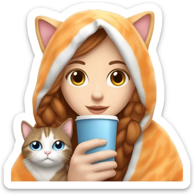 White girl with blue eyes and brown hair sipping coffee. With an orange and white cat. They’re cuddled up in a blanket  sticker
