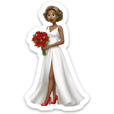 a girl holding a bouquet of flower wearing a white gown with red high heels and looking into the mirror sticker