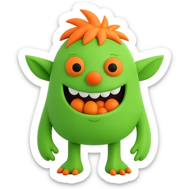 Make the monster Kelly green, give it a more oval face, and make it look friendlier. Keep the orange nose and orange hair. Preserve transparent background. sticker