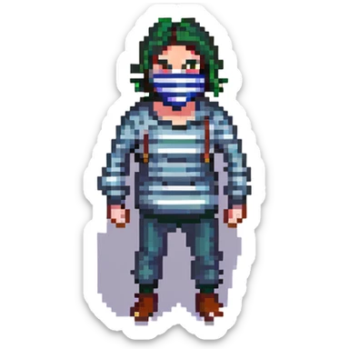 a thief character, pixel art style, with a striped shirt and mask, tiptoeing sticker