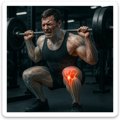 Powerlifter in weight room, muscles and nerves highlighted with glowing or transparent effect, injured and reddened knee tendon, expression of pain, scientific details, gym background sticker