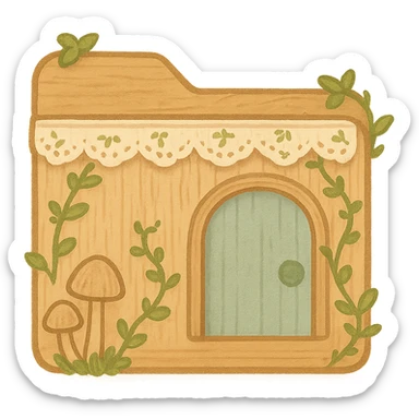 Cottagecore File Explorer icon: folder with a blue arch, made of wood and fabric, adorned with mushrooms, ivy, and lace, matching the cozy, natural style of previous icons, no words, transparent background. sticker
