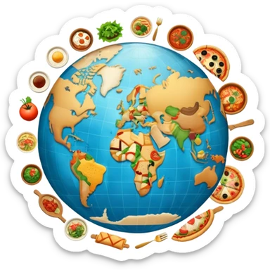 Icon for Gastronomic Tourism: a globe with various cuisines from around the world, such as pizza, sushi, tacos, and pasta, surrounded by food-related travel elements like a fork, knife, and map. Transparent background. sticker
