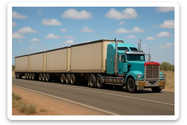 A road train: a semi truck with four trailers, the truck is cyan with a red bug shield, shown from a side angle. sticker