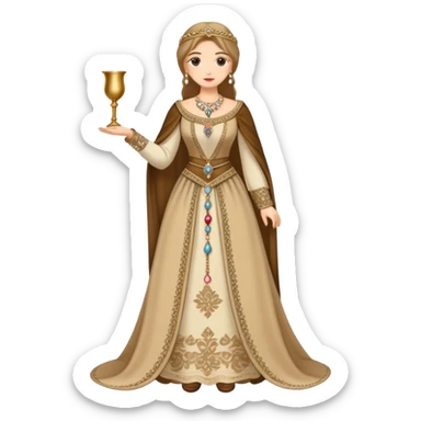 Full body of wealthy medieval townswomen in elegant dress with jewelry and fine embroidered clothing sticker