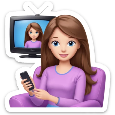 beautiful barbie girl with long brown hair, blue eyes and wearing light purple clothes watching tv sticker