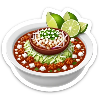 A delicious hot bowl of pozole rojo with separate sides: white chopped onions, green shredded cabbage, lime wedges, red chile de arbol salsa, and tostadas sticker