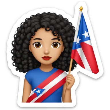 Tan skin girl with black curly hair holding a Puerto Rican flag sticker