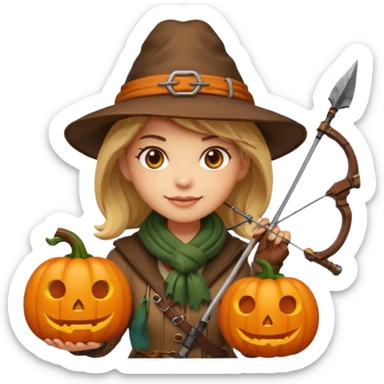female human monster hunter emoji, wearing brown coat and hat, holding crossbow, soft smile, scarf, glowing pumpkin by her side, Halloween fantasy style, clean vector Apple emoji look, bright colors, white background, square sticker