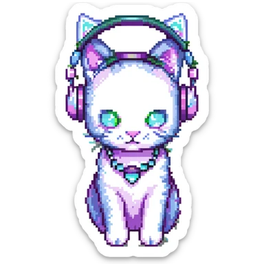 cat ear headphones, pastel goth colors, pixel art style sticker