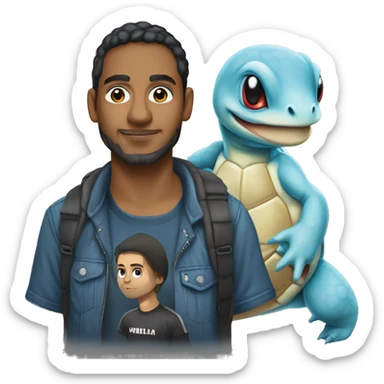 colombian software engineer with a squirtle and a mac. wearing a metallica t-shirt sticker