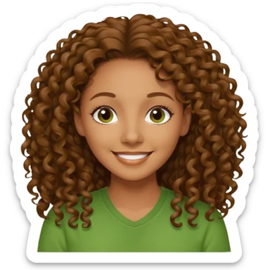Melanie Brown with long brown curly hair, green shirt sticker