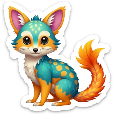Feral Rare Fantasy vibrant colorful tropical cute, kawaii, cool, ed Vernid-Trico-species by LiLaiRa, random markings, tufted tail, tufted ears, full body, cheek markings sticker