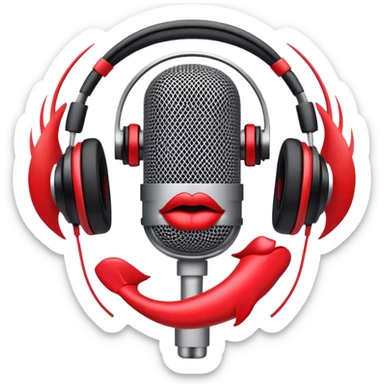 Create a dynamic and energetic emoji that represents beatboxing. The design should feature a stylized microphone with lips and sound waves emanating from it, symbolizing vocal percussion and rhythm. Add elements like headphones or a subtle speaker to emphasize the music production aspect. Use bold colors like black, white, and red to convey the intensity and creativity of beatboxing. The background should be transparent. sticker
