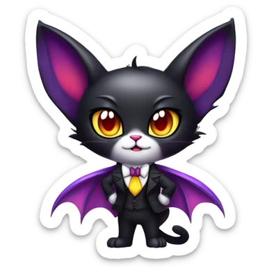 Cute-Edgy-Vampiric-Batty-Cat-Black-Purple-Red-Yellow-Contrast-Colors-Fantasy-Fur-Sona-Chibi-Shiny-Fakémon-Hybrid with horns and big fangs neck bow white tie leg spats full body sticker