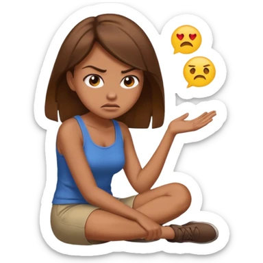 angry woman with brown hair sitting in profile on a floor, avoiding conversation, emoji style sticker
