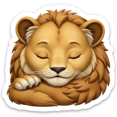Meme-Worthy Cute Sleeping Lion Cub Portrait Emoji, Head resting peacefully with a contented smile, showcasing a robust build and a luxuriously soft tawny Fur with a flowing mane, eyes shut in a serene, restful nap, Simplified yet hilariously adorable features, highly detailed, glowing with a soft, drowsy light, high shine, relaxed and utterly lovable, stylized with an air of playful laziness, bright and heartwarming, soft glowing outline, capturing the essence of a comically sleepy Lion Cub, so meme-worthy it feels like it could instantly become the next viral sensation of adorable slumber! sticker