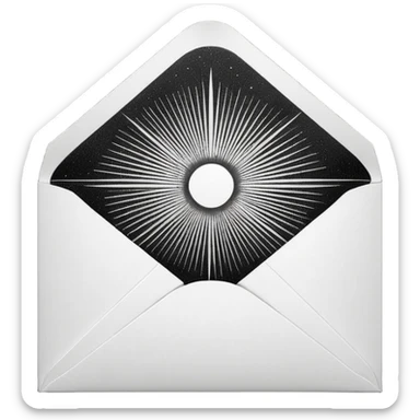 Open envelope + blank card, copperplate etching, microscopic dotwork ONLY, pure black/white, ultra-contrast, rays, tiny #fbcfe8 glow --ar 16:9 --style raw --s 10 --no 3d, gradient, smooth, gray, shadow, text sticker