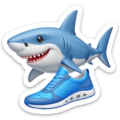A smiling shark wearing bright blue sneakers sticker