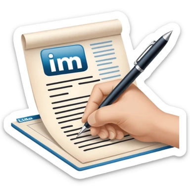 A hand writing a paper with the LinkedIn logo on it sticker