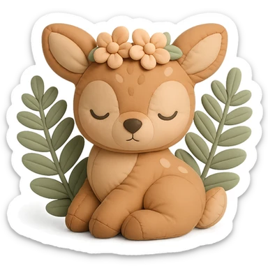 baby deer with a flower crown, surrounded by ferns, cushion style sticker