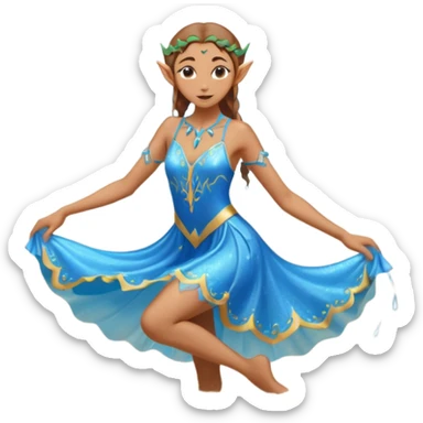 elf female dancer with water-like dress, graceful pose on wet sand, splashes, pointy ears, serene expression, centered emoji, ethereal blue colors sticker