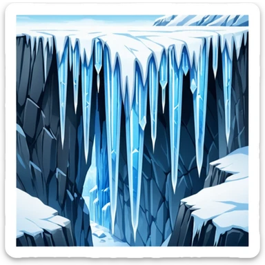 A stunning winter scene showing long, sharp icicles hanging from a frozen cliff or ledge, glistening in bright daylight. The surface is covered in snow and ice, with a cold blue and white color palette, highly detailed, realistic lighting, and frosty atmosphere. sticker