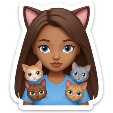 a pretty bratz dusky girl with long brown hair, blue eyes with six cats nd wearing a grey tshirt sticker