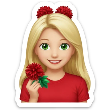 Girl with long blonde hair, smiling, and green eyes and a red shirt and red pom poms cheerleader sticker