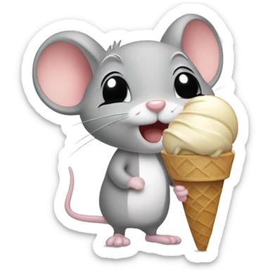 Mouse with ice cream cone in hand the mouse is tan the ice cream is tan teh mouse is also wearing a white bow sticker