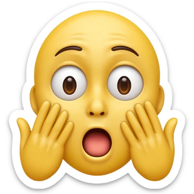 A 3D glossy yellow emoji of a shocked horrified face with no nose, with mouth and eyes are wide open, eyebrows  raised, and hands against their cheeks, black background, high quality, soft studio lighting sticker