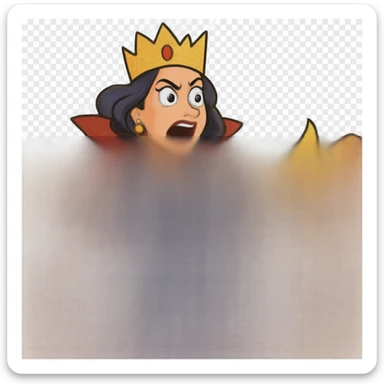 Make the dramatic queen character even more glamorous by adding sparkling jewelry, a more elaborate crown, luxurious fabrics, and glowing makeup. Maintain the vibrant cartoon style with no background. sticker
