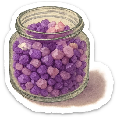 very realistic purple and pink crystal small rough pebbles in an open glass jar, mixed together, natural colors, soft, fairy-like atmosphere, no background, square size sticker