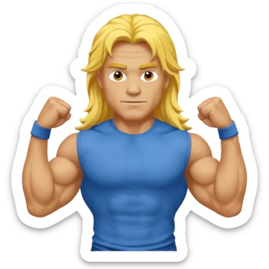guy with biceps, long yellow hair, blue t-shirt sticker