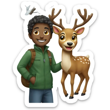 smiling boy outdoors by tree with Christmas rendeer sticker