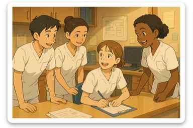 quatre étudiants infirmiers inspirés des photos, en pleine collaboration et interaction dans un poste de soin, ambiance d'équipe chaleureuse, style Ghibli, uniformes blancs à manches courtes, tuniques médicales col en V, poche poitrine côté gauche, pas de pied de col, pas de stéthoscopes, pas de tissus sous les manches, scène dynamique, équipe soudée sticker