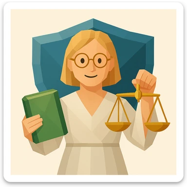A lady with blond hair and glasses, holding a green book and a gold justice scale, with a shield in the background, in a polygonal illustration style. sticker