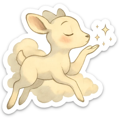 ghibli-inspired vanilla cloud doe, floating, with rosy cheeks, blowing a kiss with sparkles, soft and dreamy sticker
