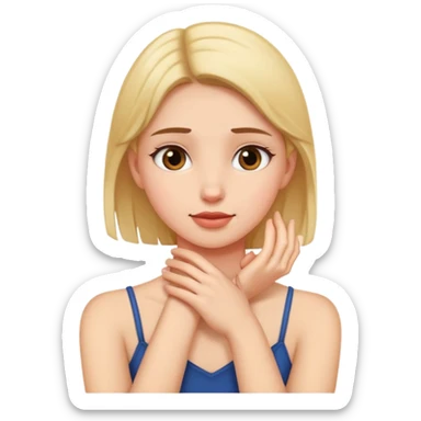 girl putting her hand on her neck sticker