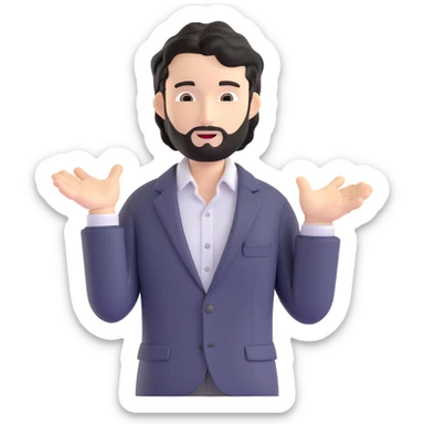 Professional portrait of a business strategist with black wavy hair, stubble, chiseled face, wearing blazer and button-up shirt, confident engaging expression, speaking pose, suitable for keynote speaker profile sticker