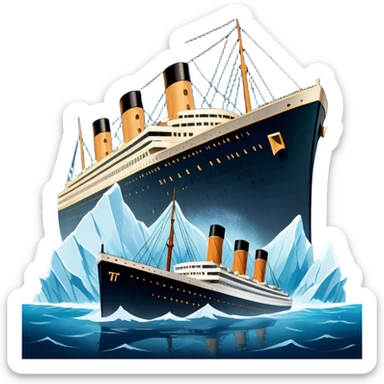 Icon for Titanic Movie: A vintage movie poster-style design featuring a dramatic scene of the ship, the iceberg, and a romantic silhouette of the main couple. Include elements like the ship’s bow, water splashes, and a starry sky in the background. Retro cinematic feel. Transparent background. sticker