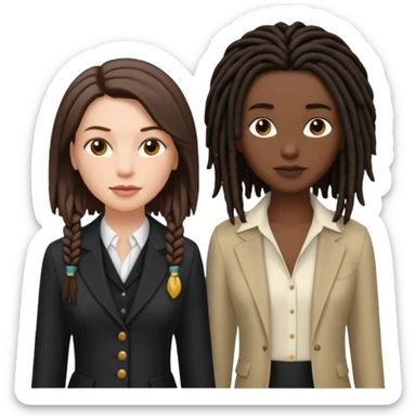 white woman brunette with short hair feminine clothes. And black woman with long dread locks with more masculine clothes sticker